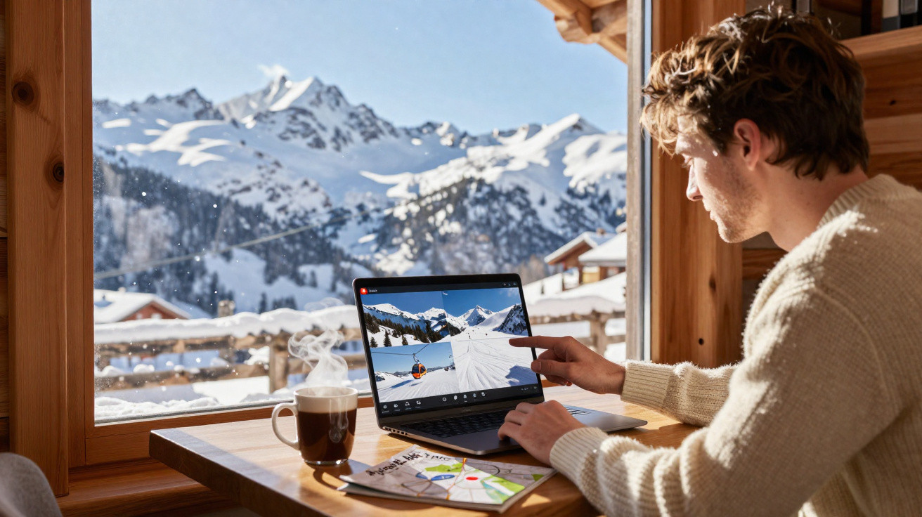 Homem sentado à mesa de madeira com laptop e xícara, com vista para montanhas nevadas pela janela.