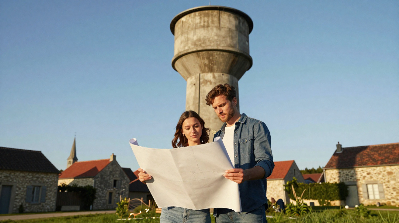 Casal jovem analisando planta baixa ao ar livre, com casa e torre de água ao fundo em dia ensolarado.