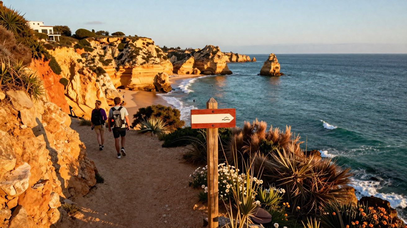 Dois turistas caminhando por trilha à beira de falésias douradas com vista para o mar e vegetação costeira.