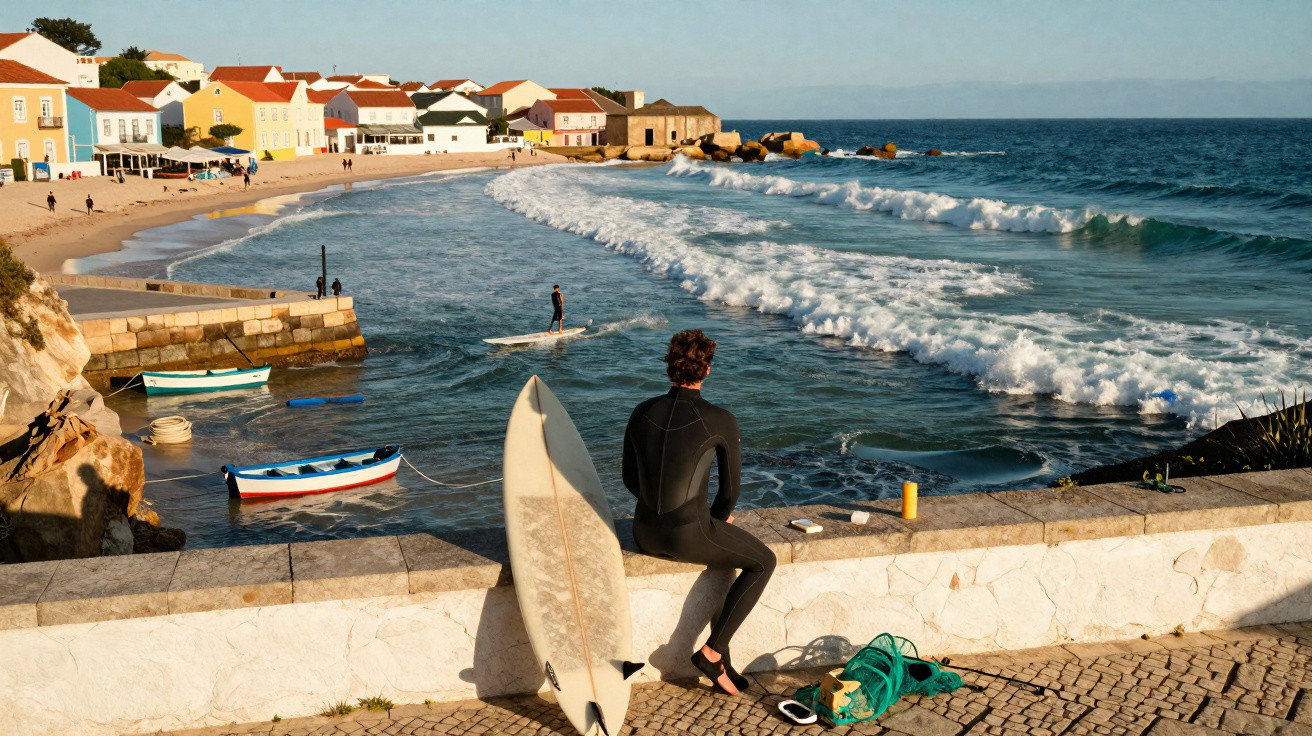 Homem de roupa de neoprene sentado com prancha de surf, olhando para o mar com ondas e casas coloridas na orla.