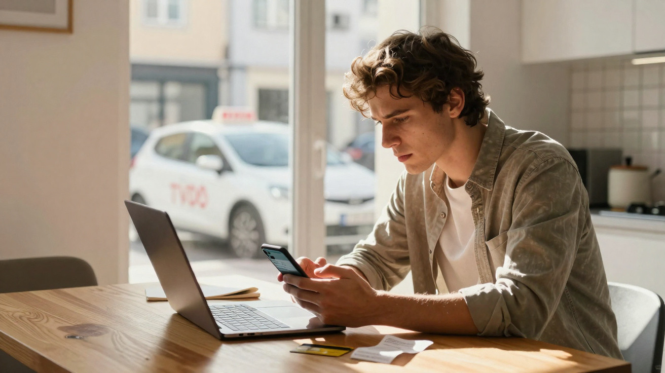 Jovem usando celular e laptop sentado à mesa em ambiente iluminado por luz natural, com carro ao fundo.