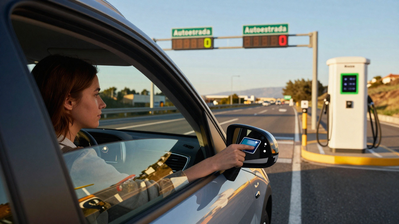 Mulher em carro faz pagamento com cartão digital na entrada de autoestrada perto de bomba de energia elétrica.
