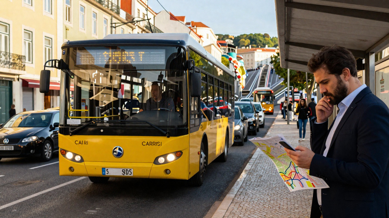 Homem na parada de ônibus consulta mapa e celular enquanto ônibus amarelo se aproxima na rua movimentada.