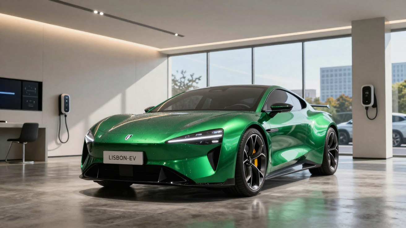 Carro esportivo verde elétrico Lisbon-EV estacionado em showroom moderno com piso de concreto.