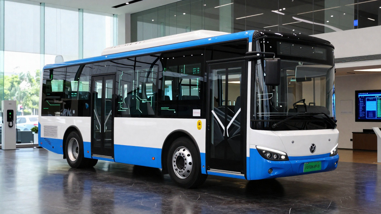 Ônibus urbano azul e branco estacionado em ambiente interno moderno e iluminado.