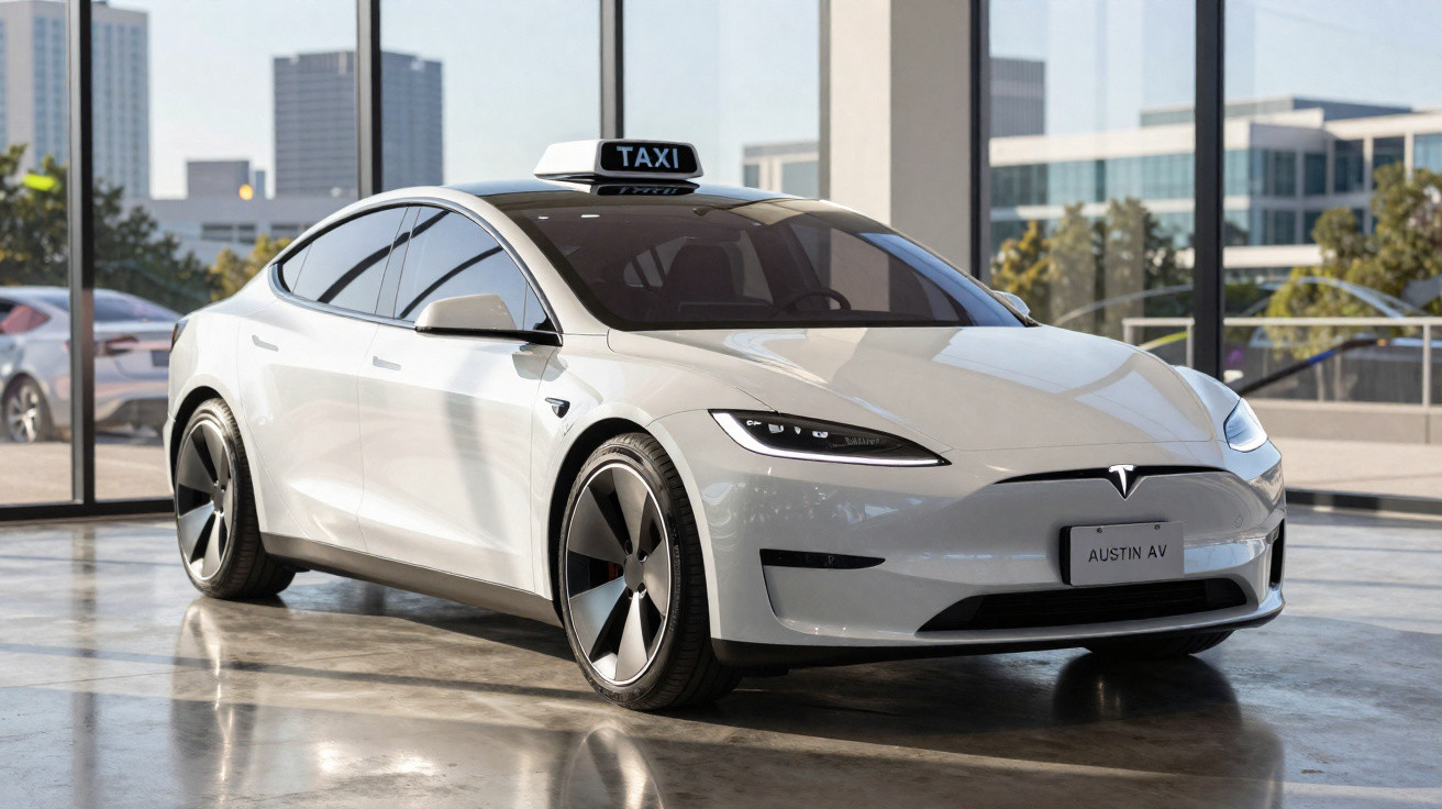 Carro elétrico branco estilo sedã com placa Austin AV e placa de táxi no teto, em cenário urbano moderno.