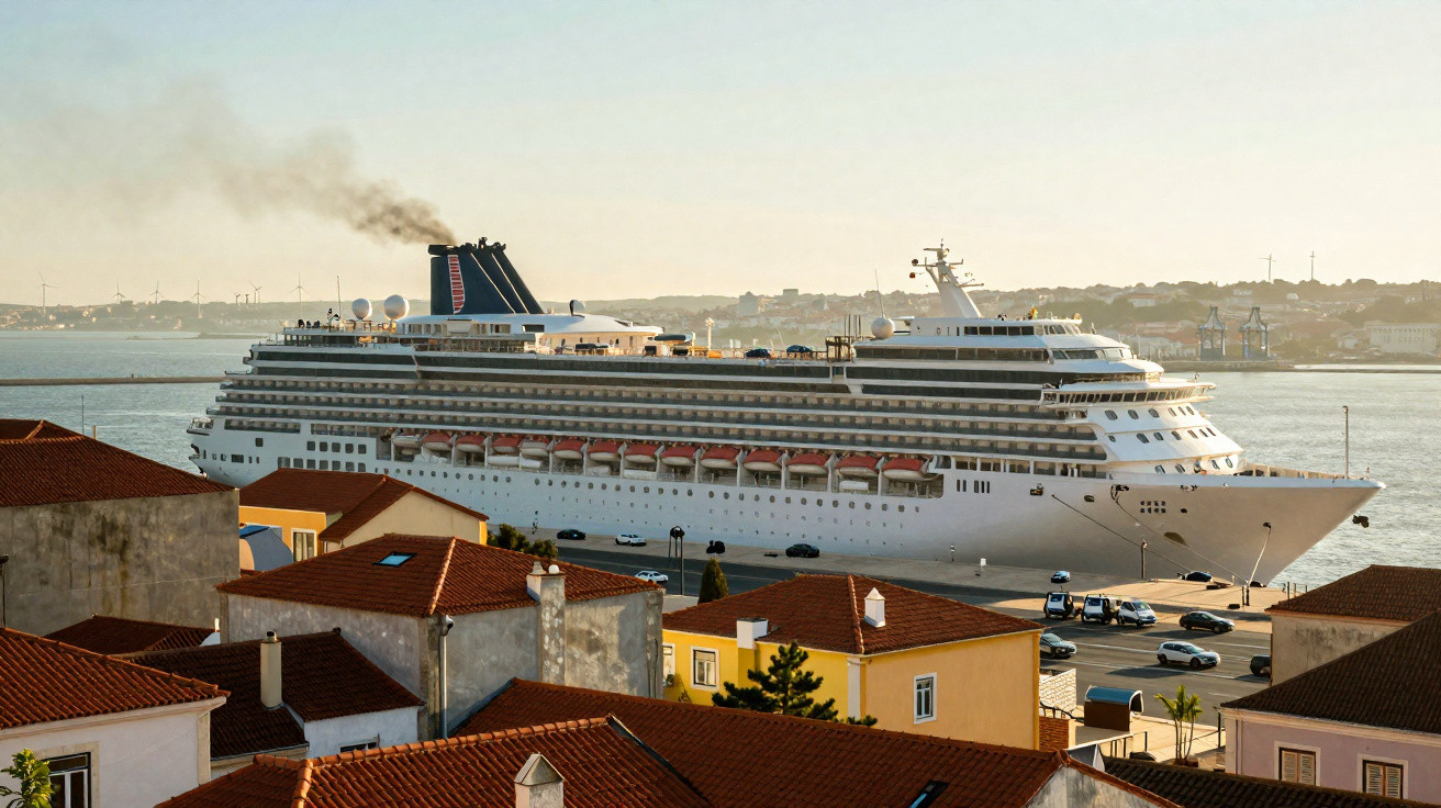 Navio de cruzeiro branco ancorado próximo a cidade com casas de telhado vermelho ao pôr do sol.