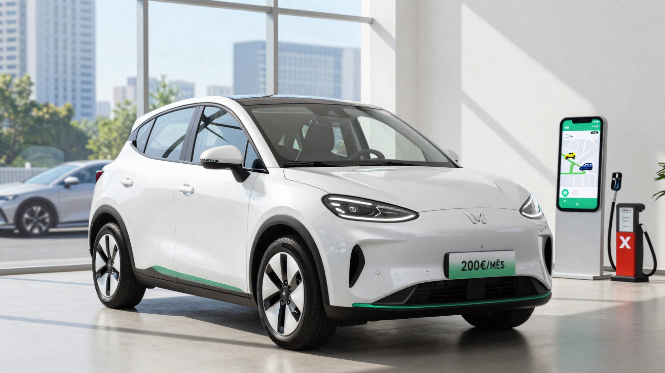 Carro elétrico branco exposto em showroom com tela digital de aplicativo e estação de recarga ao fundo.