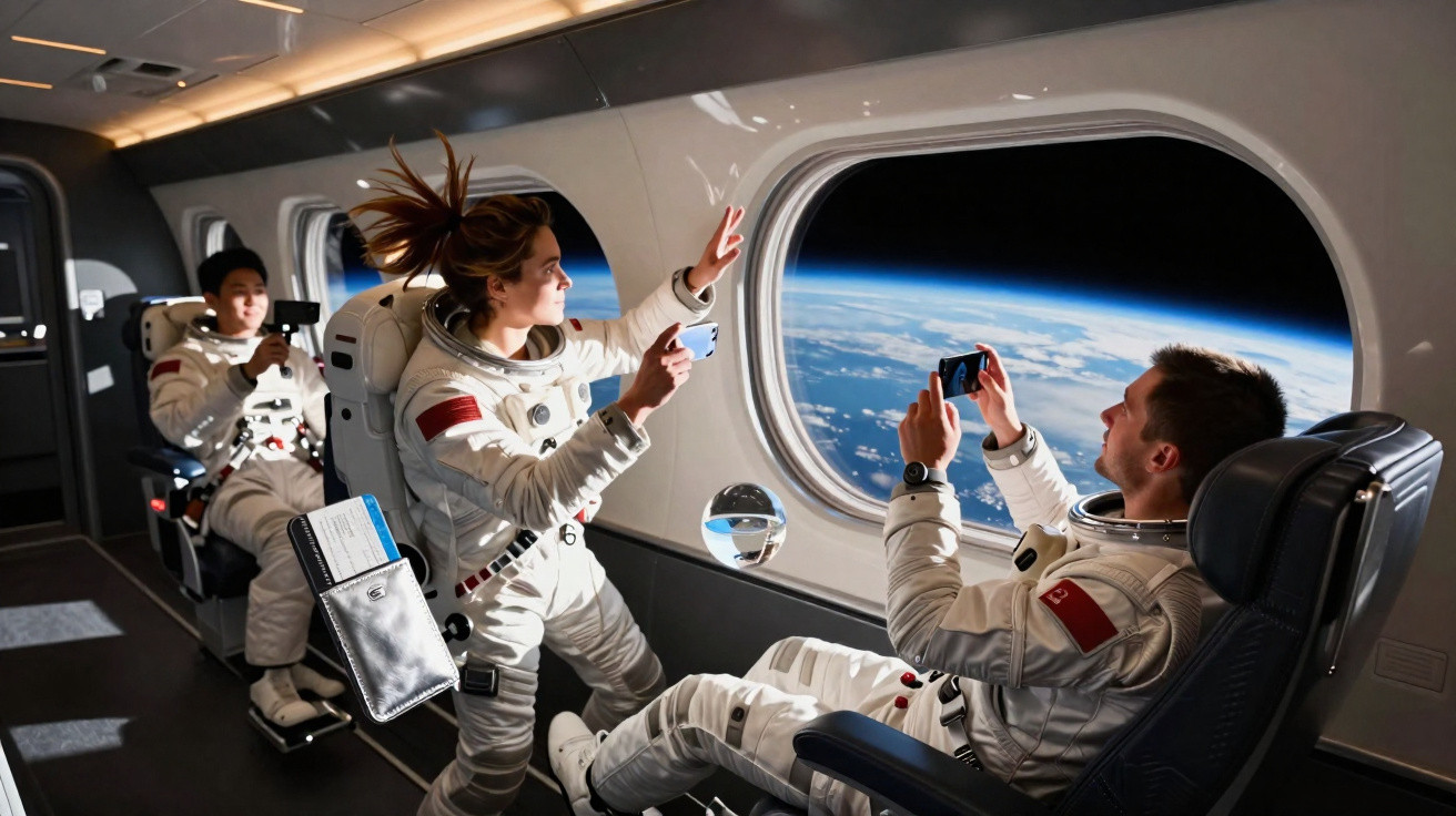 Três astronautas em trajes espaciais dentro de uma nave, observando e fotografando a Terra pela janela.