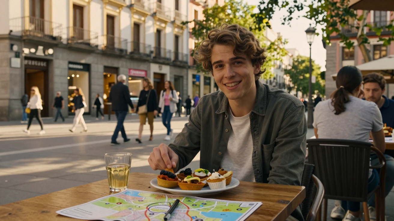Jovem sorridente sentado em mesa de café ao ar livre, com doces e mapa sobre a mesa em rua movimentada.