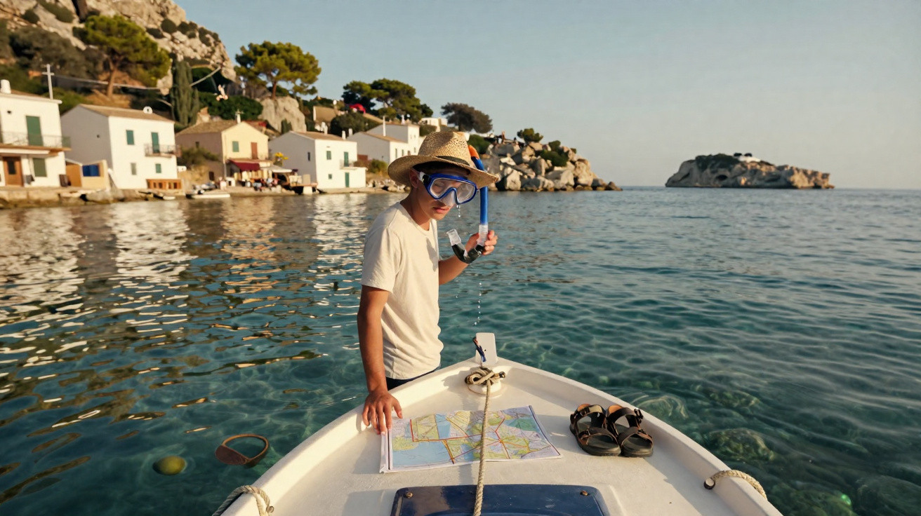 Menino com máscara de snorkel em barco, mapa e casas brancas à beira-mar em vila costeira ensolarada.