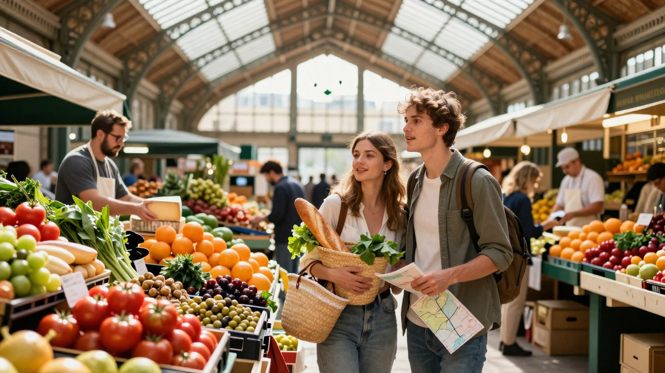 Casal jovem com cesta de compras em mercado municipal cercado por frutas frescas variadas.