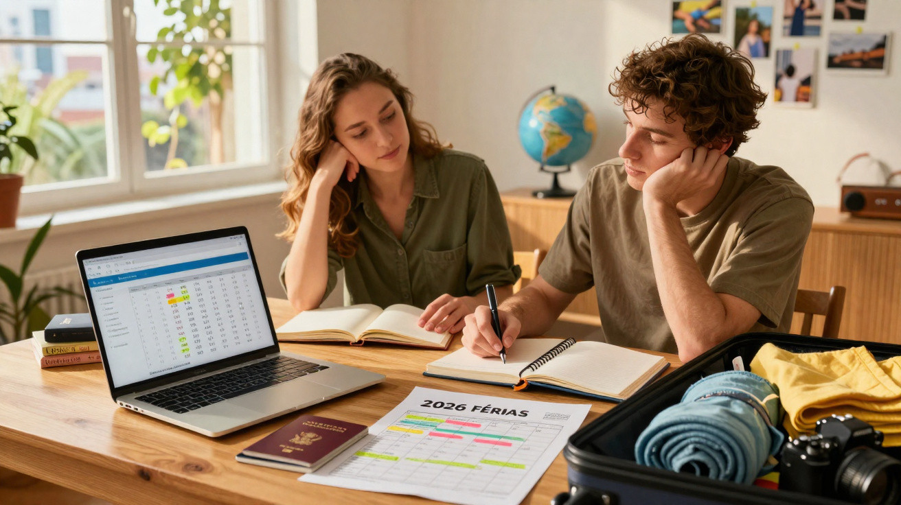 Casal planejando férias de 2026 com laptop, calendário, passaporte e mala aberta em mesa iluminada.