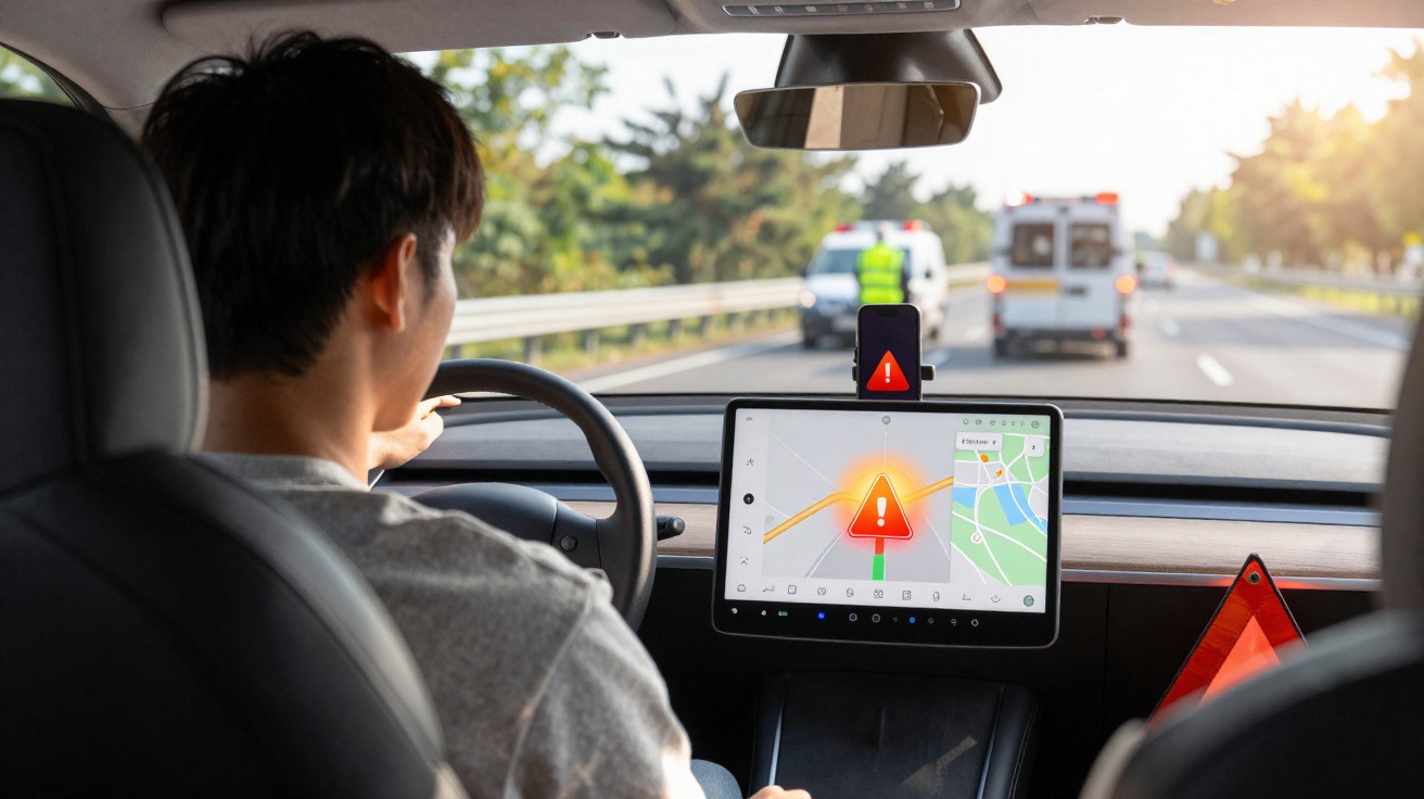 Motorista olha para tela do GPS com alerta de perigo enquanto veículo está parado na estrada.