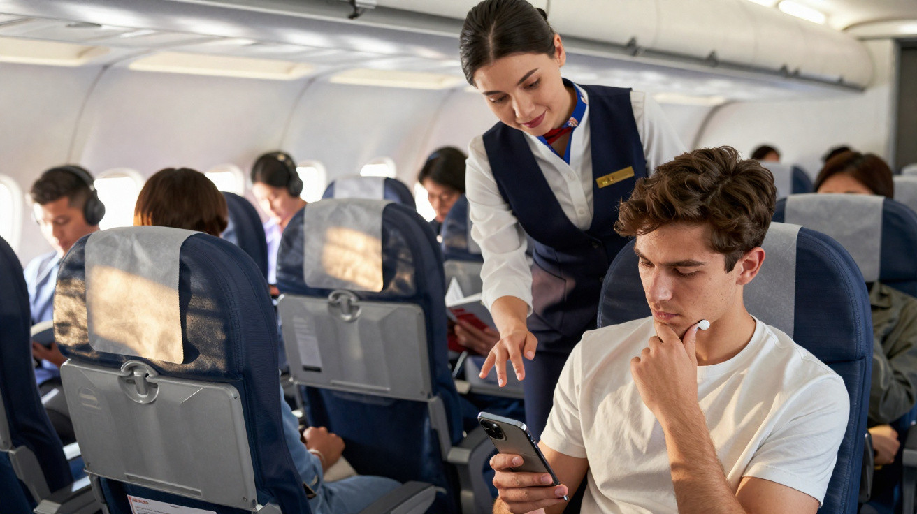 Comissária de bordo atende passageiro sentado que usa celular em avião durante voo.