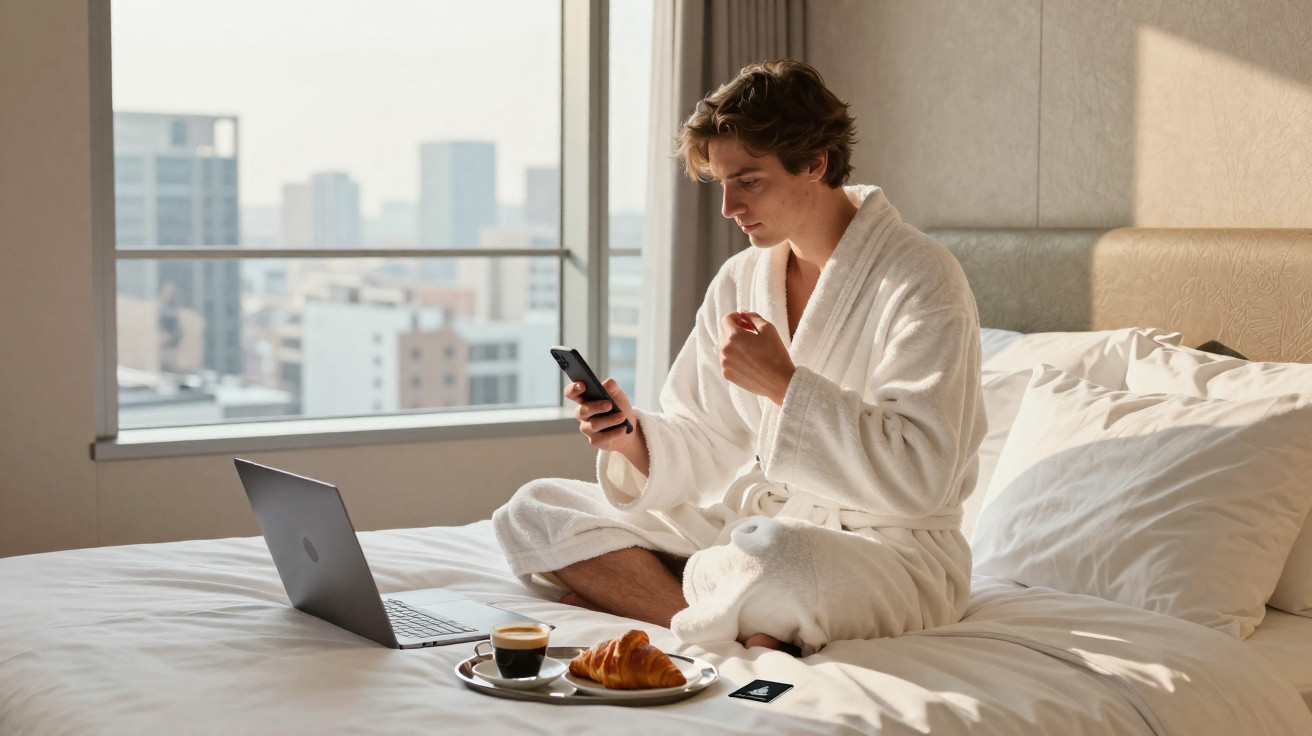 Homem sentado na cama com roupão branco, usando celular, notebook aberto e café com croissant na bandeja.