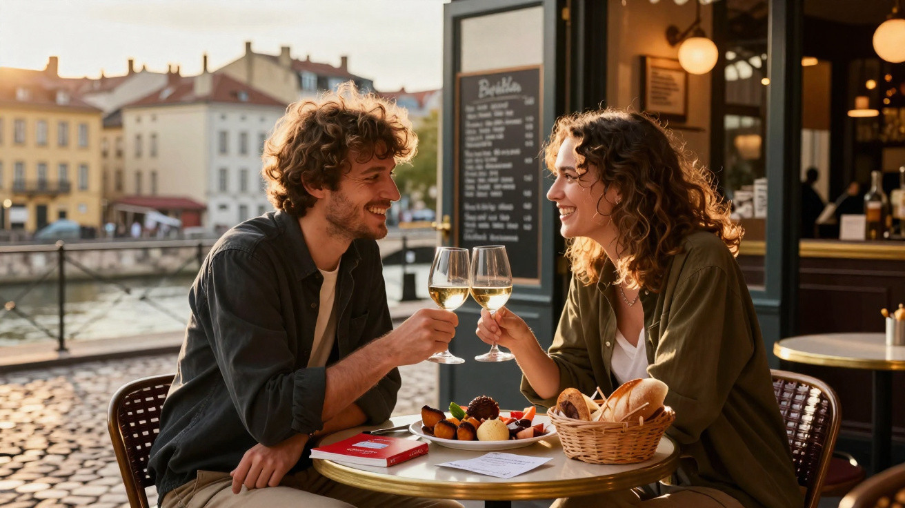 Casal brindando com vinho branco em mesa de café ao ar livre durante o pôr do sol.