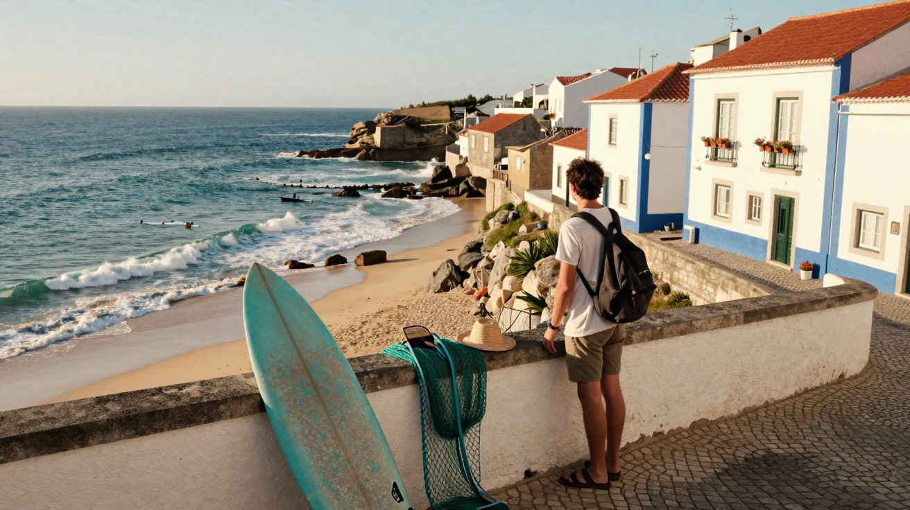 Homem com mochila observa praia ao entardecer, prancha de surf encostada em muro próximo a casas brancas.