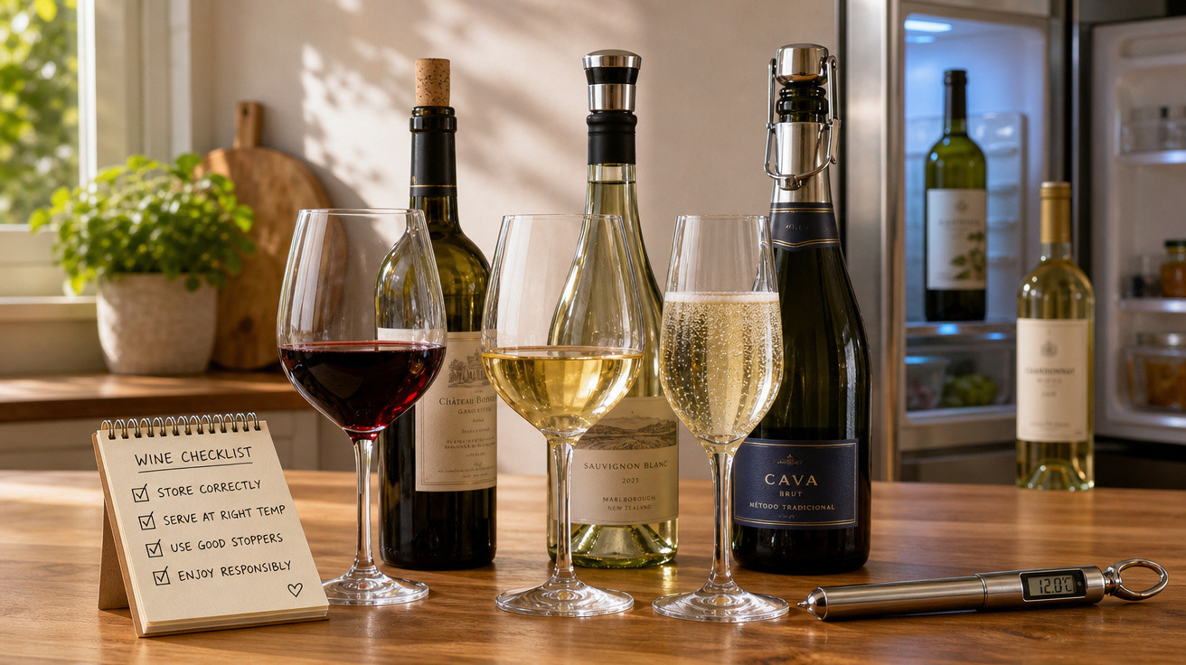 Barras de vinho tinto, branco e espumante com taças, checklist de vinho e termômetro na mesa de madeira.