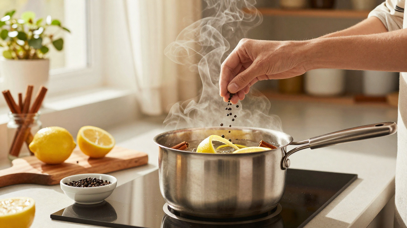 Pessoa temperando panela com limão, paus de canela e pimenta-preta na cozinha.