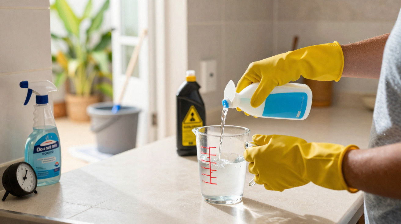 Pessoa com luvas amarelas despejando líquido azul em copo medidor em bancada com produtos de limpeza.