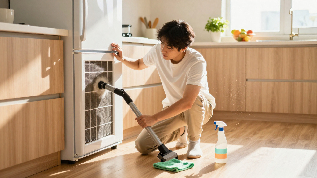 Jovem limpando a parte inferior de uma geladeira em cozinha moderna com aspirador e produto de limpeza.