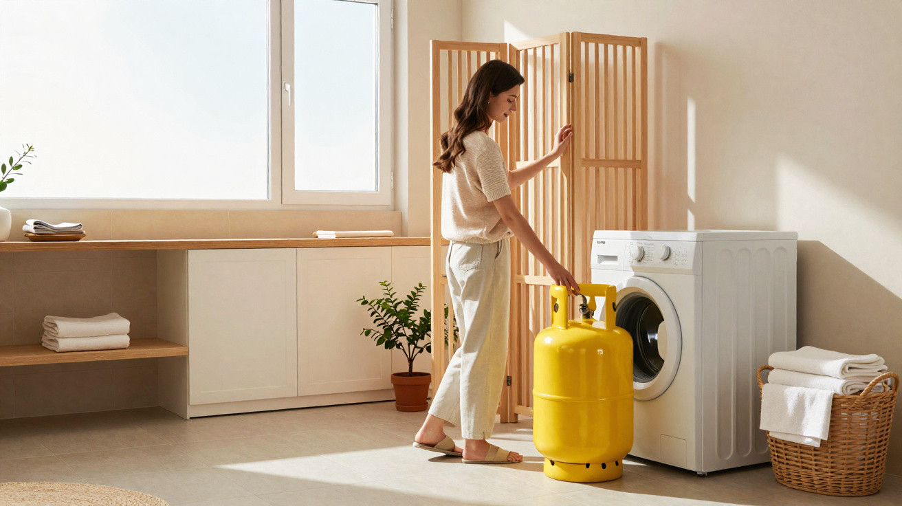 Mulher segurando botijão de gás amarelo próximo à máquina de lavar em lavanderia iluminada.