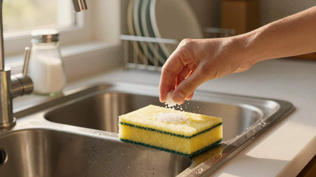 Mão colocando sal grosso sobre esponja amarela na pia da cozinha perto da janela.