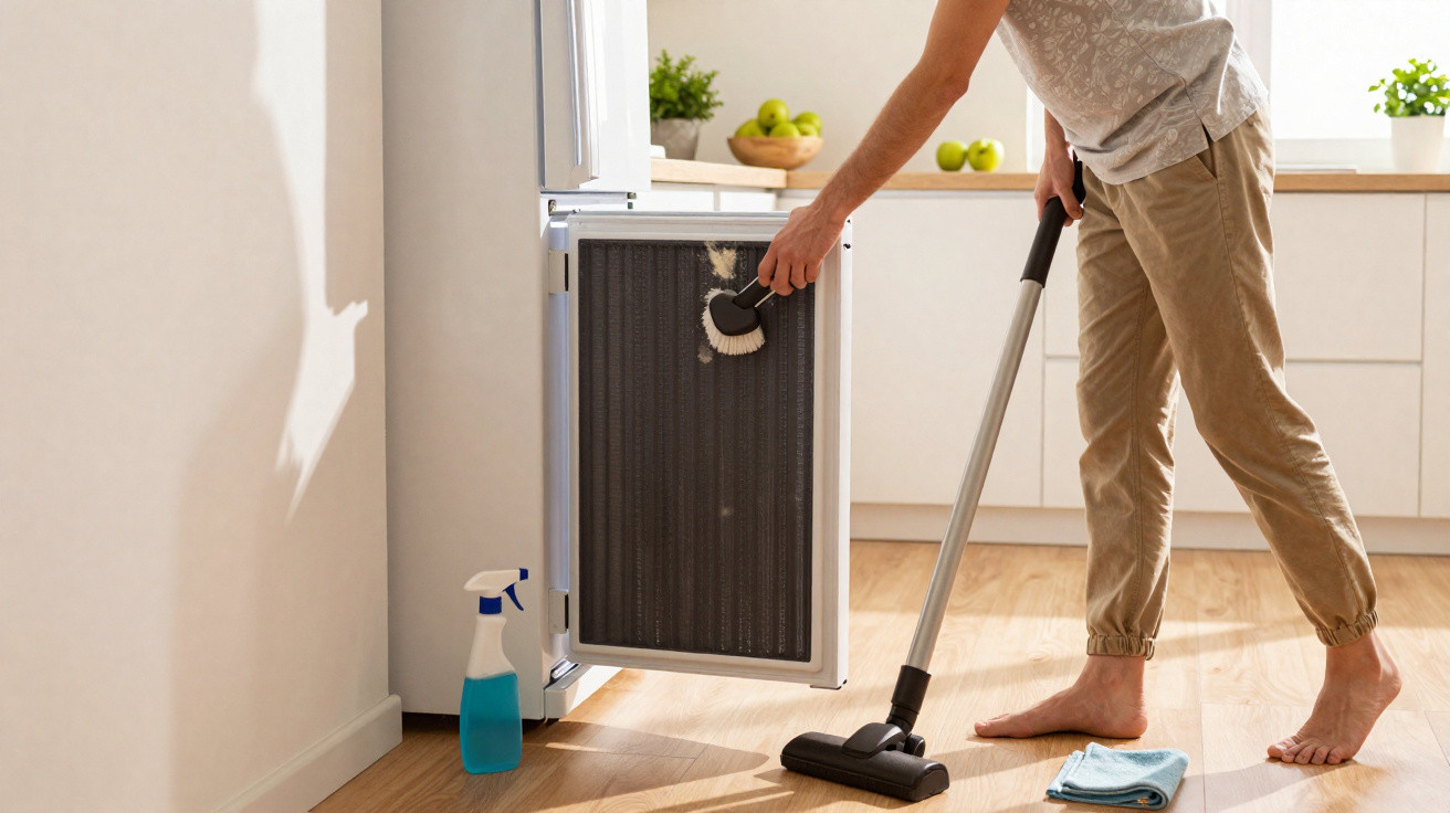 Pessoa limpando filtro de geladeira com escova, aspirador de pó e spray azul ao lado na cozinha.