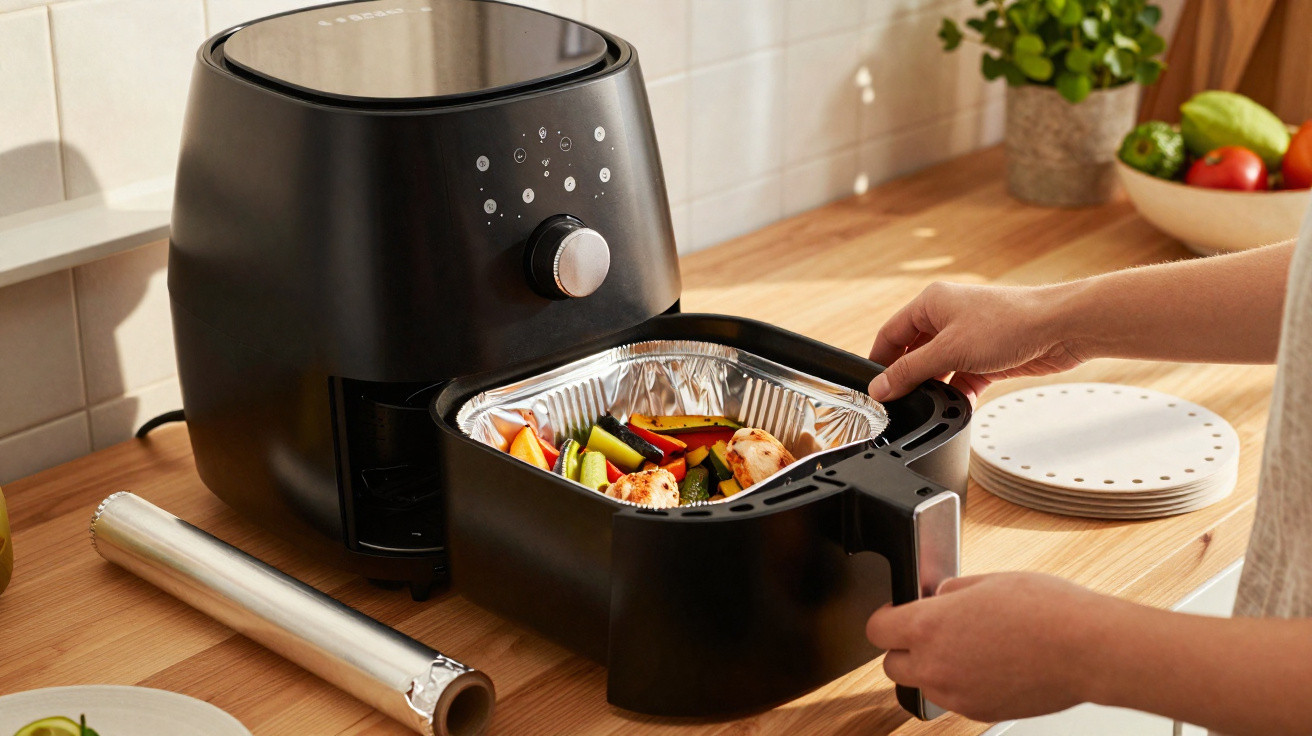 Pessoa colocando bandeja com legumes e frango em air fryer preta sobre bancada de madeira na cozinha.