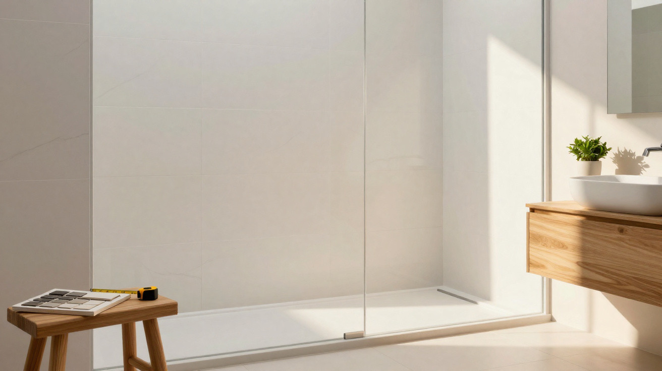 Banheiro moderno com box de vidro, bancada de madeira, planta e banqueta com amostras de revestimento.