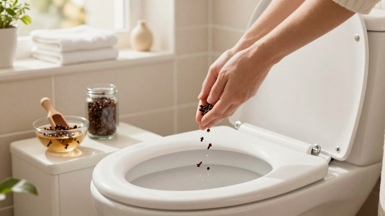 Mão feminina jogando cravos-da-índia dentro de vaso sanitário aberto em banheiro iluminado.