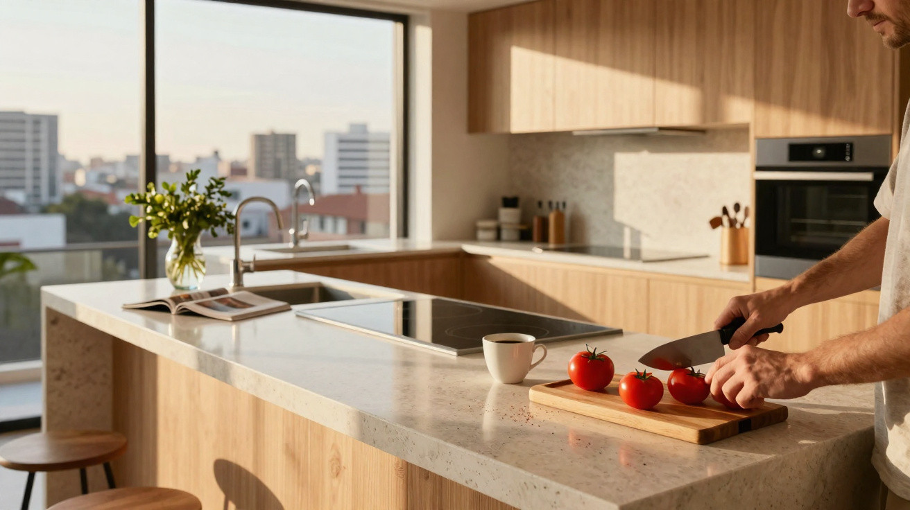 Homem cortando tomates em tábua na bancada de cozinha moderna com vista para a cidade ao pôr do sol.
