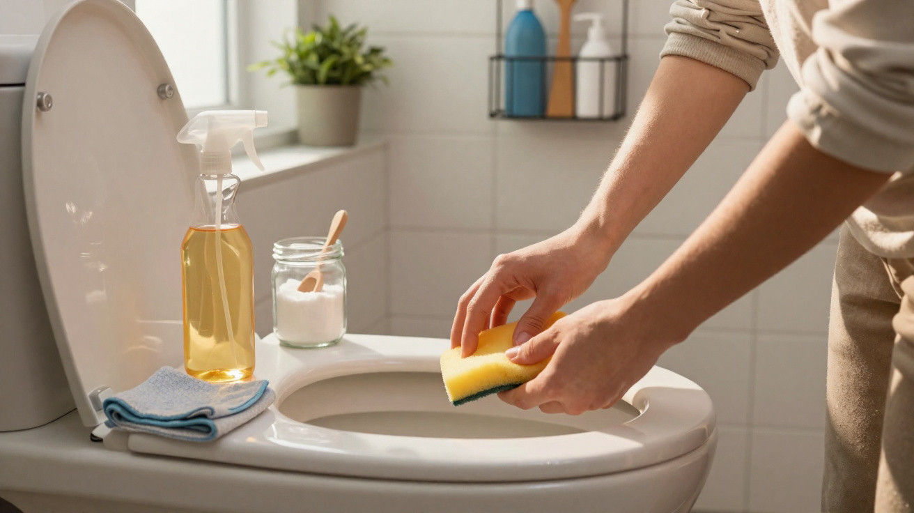 Pessoa limpando vaso sanitário com esponja, ao lado produtos de limpeza e pano azul.