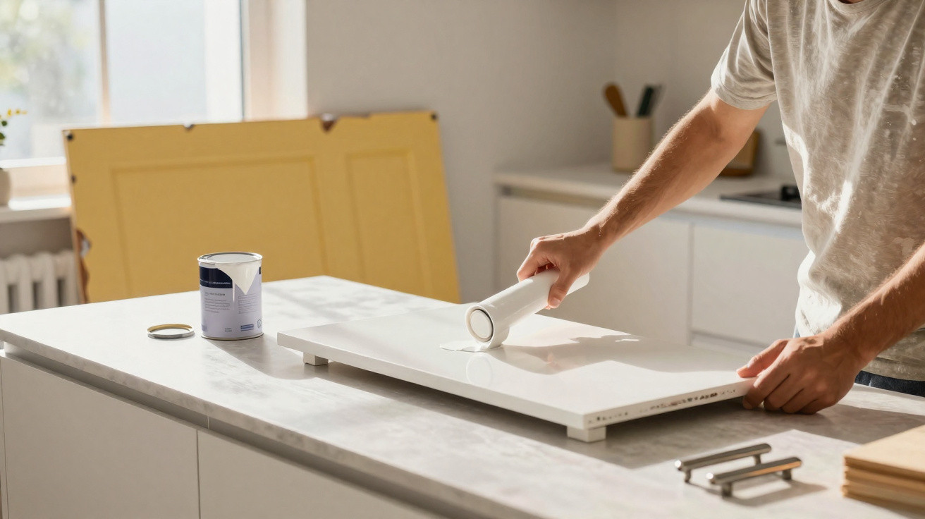 Pessoa limpando superfície branca com rolo adesivo em bancada de cozinha clara.