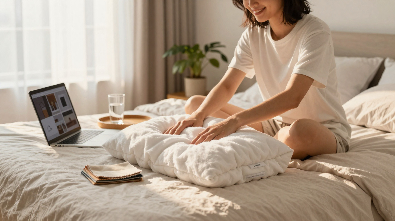 Mulher sentada na cama mexendo em almofada branca com notebook e caderno ao lado.