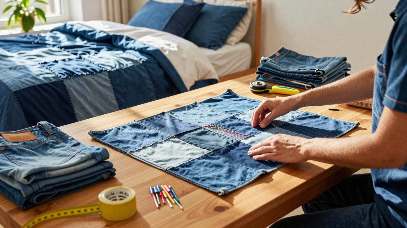 Pessoa trabalhando com retalhos de tecido jeans sobre mesa de madeira, ao lado de roupas dobradas e ferramentas de costura.