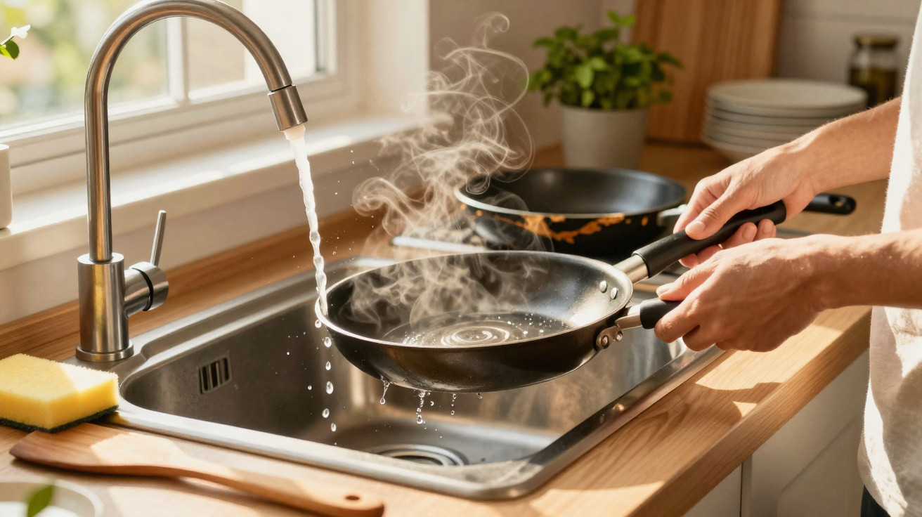 Pessoa lavando frigideira quente com vapor em pia de cozinha iluminada por janela.