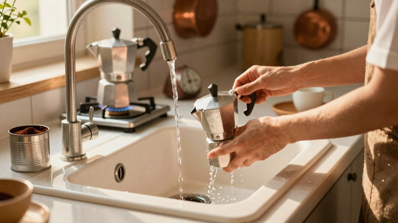 Pessoa enchendo uma cafeteira italiana com água na pia de uma cozinha iluminada e organizada.