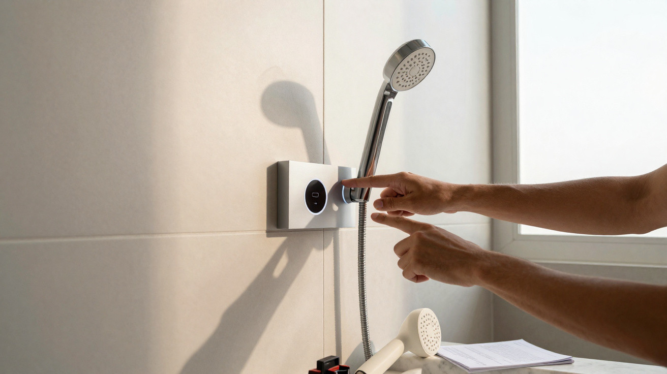 Mãos ajustando controle digital de temperatura ao lado de ducha em banheiro claro com janela.