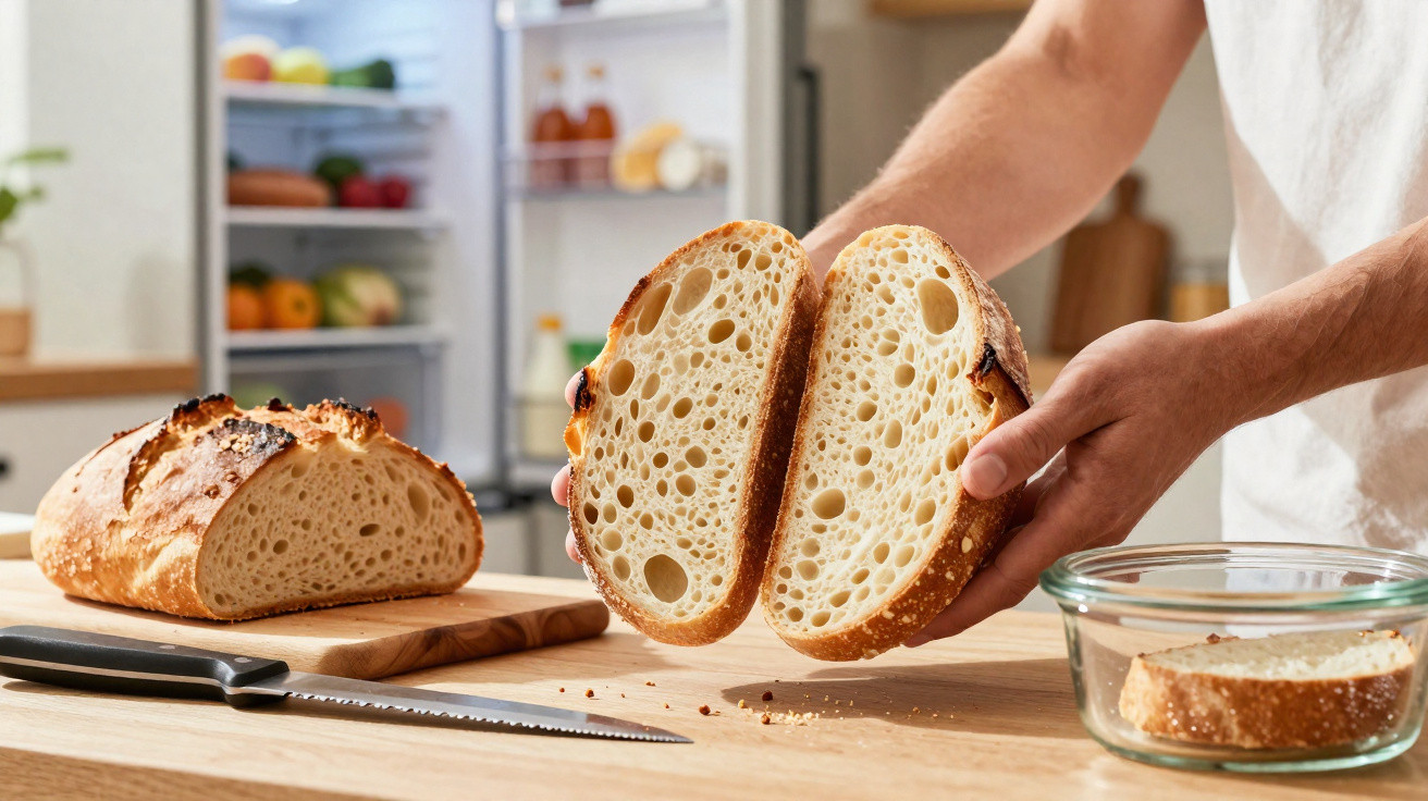 Pessoa segurando pão artesanal fatiado ao meio em cozinha com geladeira aberta ao fundo.