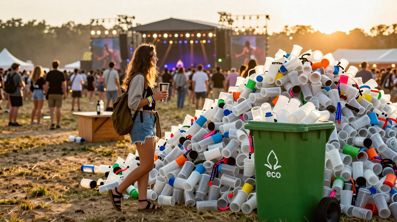 Mulher observa pilha de copos descartáveis ao lado de lixeira verde em festival ao pôr do sol.