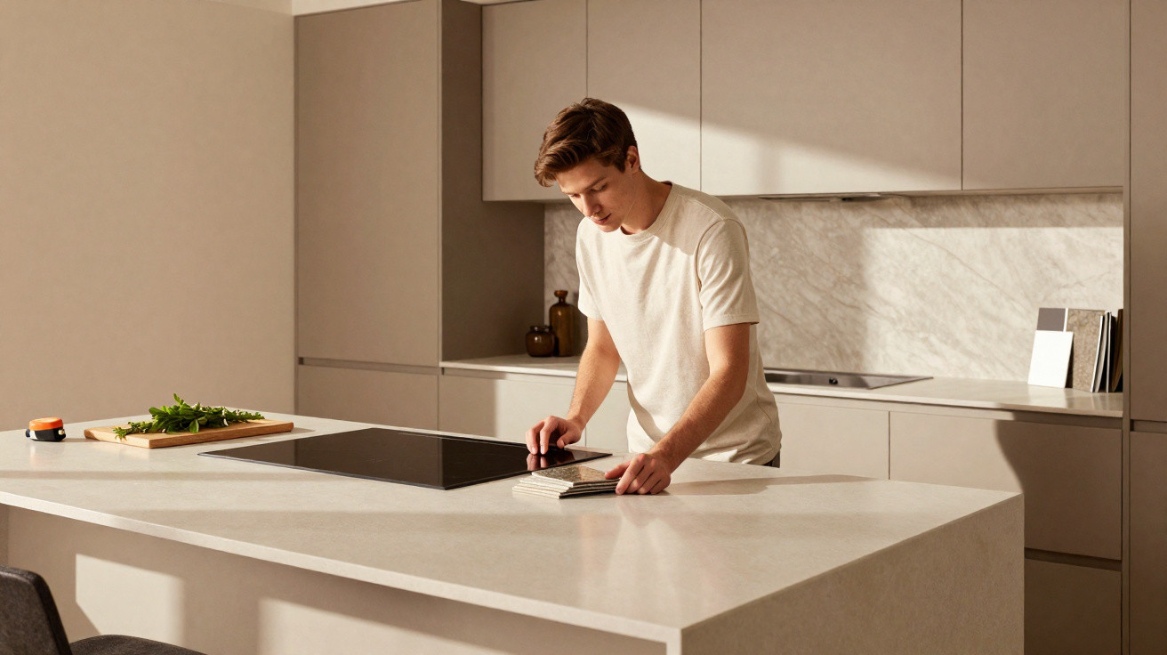 Jovem em cozinha moderna planejando com amostras de materiais em bancada clara.