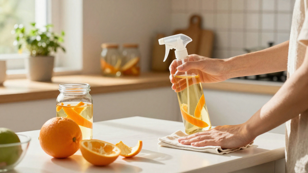 Mãos seguram spray caseiro com casca de laranja para limpar mesa branca em cozinha iluminada.