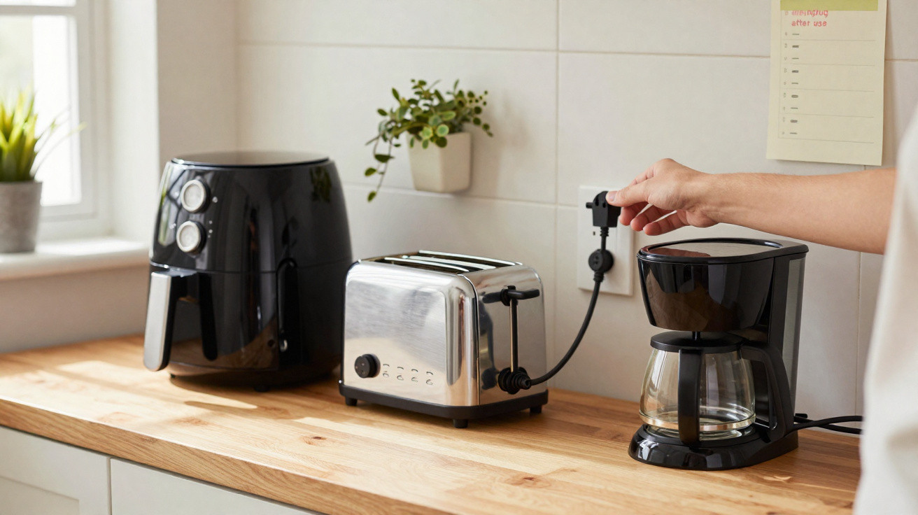 Mão conectando plugue em tomada na cozinha com air fryer, torradeira e cafeteira sobre bancada de madeira.