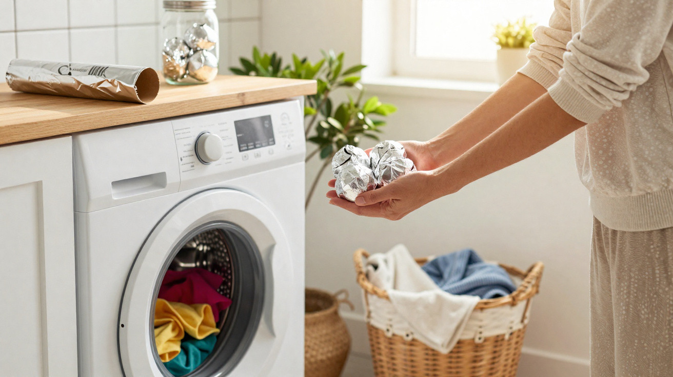 Pessoa segurando bolas de papel alumínio perto de máquina de lavar roupas em ambiente iluminado.