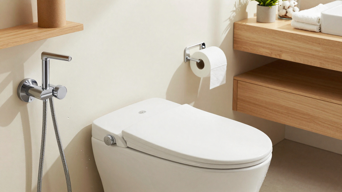 Banheiro com vaso sanitário branco, suporte de papel higiênico, ducha higiênica e bancada de madeira com toalhas.