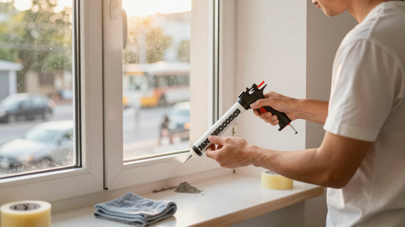 Pessoa aplicando silicone em janela branca durante a instalação ou reparo em ambiente interno.