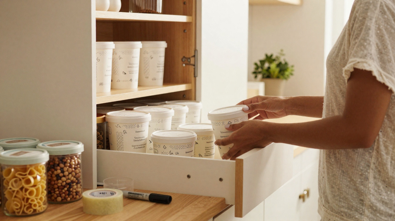 Pessoa organizando potes brancos em armário de cozinha com frascos de grãos e fita adesiva na bancada.