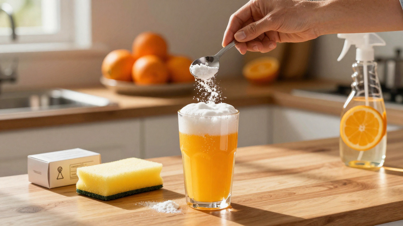 Pessoa adiciona pó branco em copo com líquido amarelo e espuma sobre mesa de madeira na cozinha.